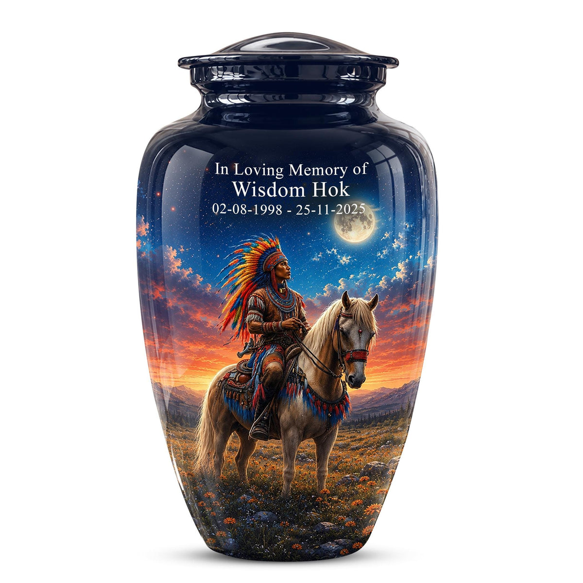 Native American Cremation Urn for Ashes - Western Cowboy Memorial Urn, Horse & Rider Funeral Urn