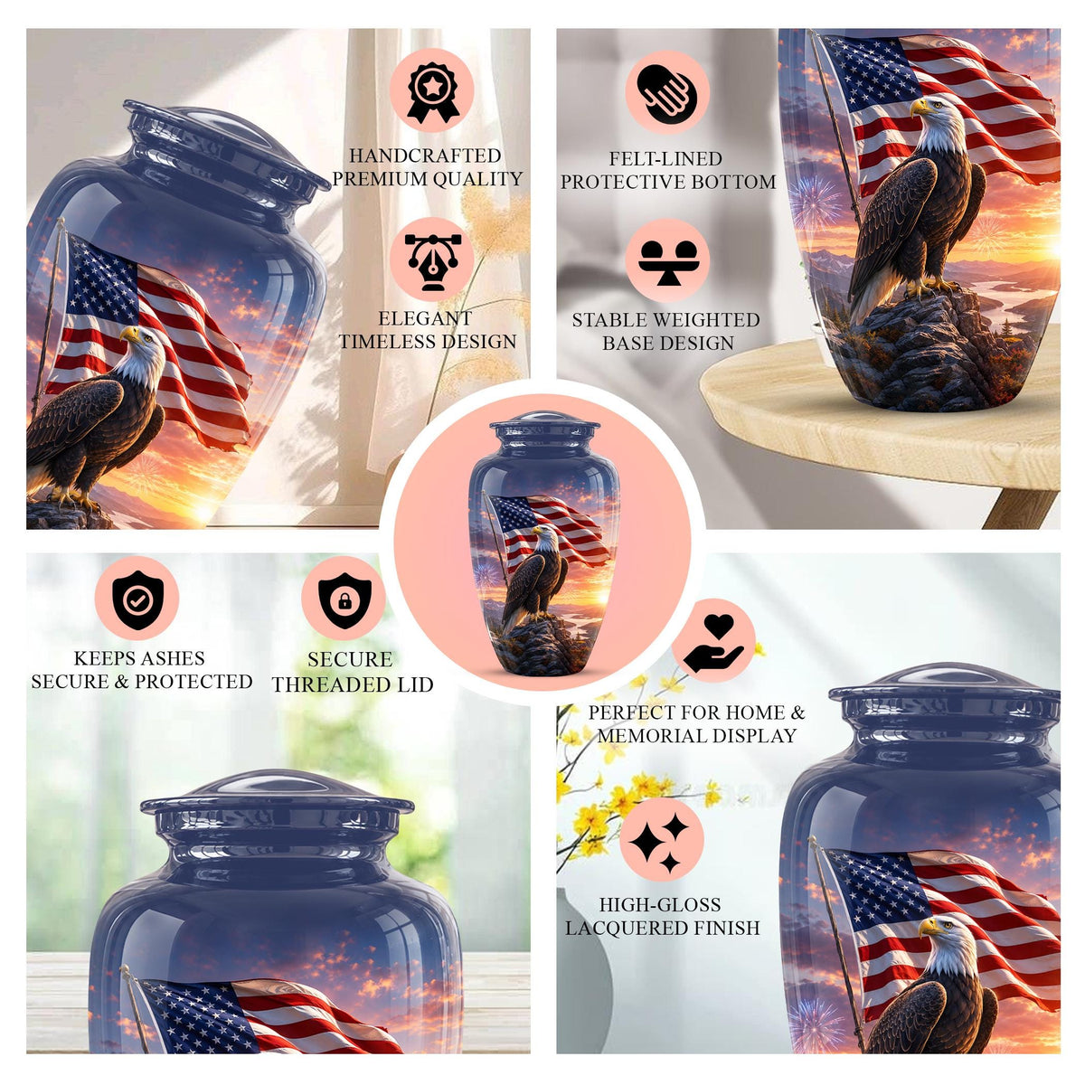 American Flag Eagle Cremation Urn for Ashes - Bald Eagle Patriotic Memorial Urn