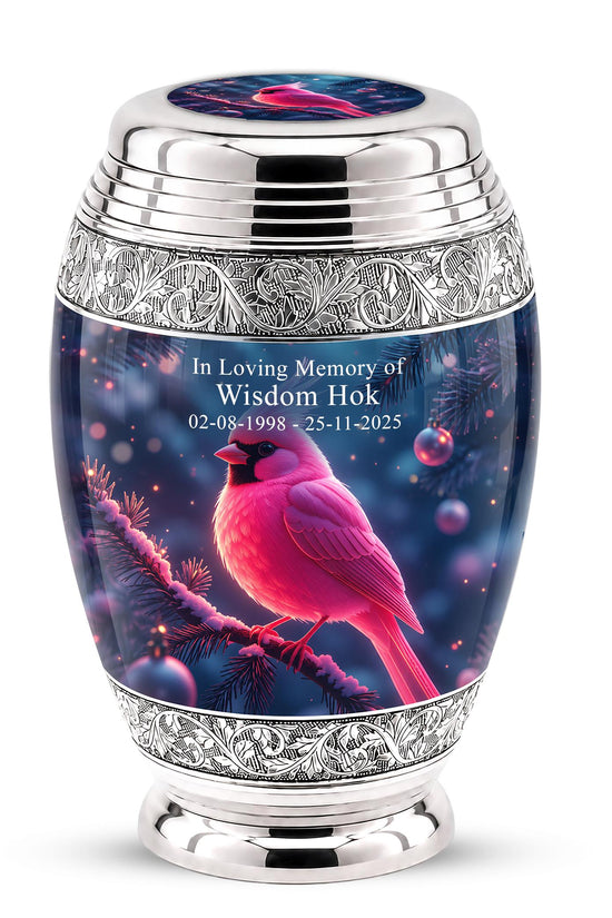 Personalized Pink Cardinal Cremation Urn, Silver-Tone Memorial Ashes Urn (Winter Scene)