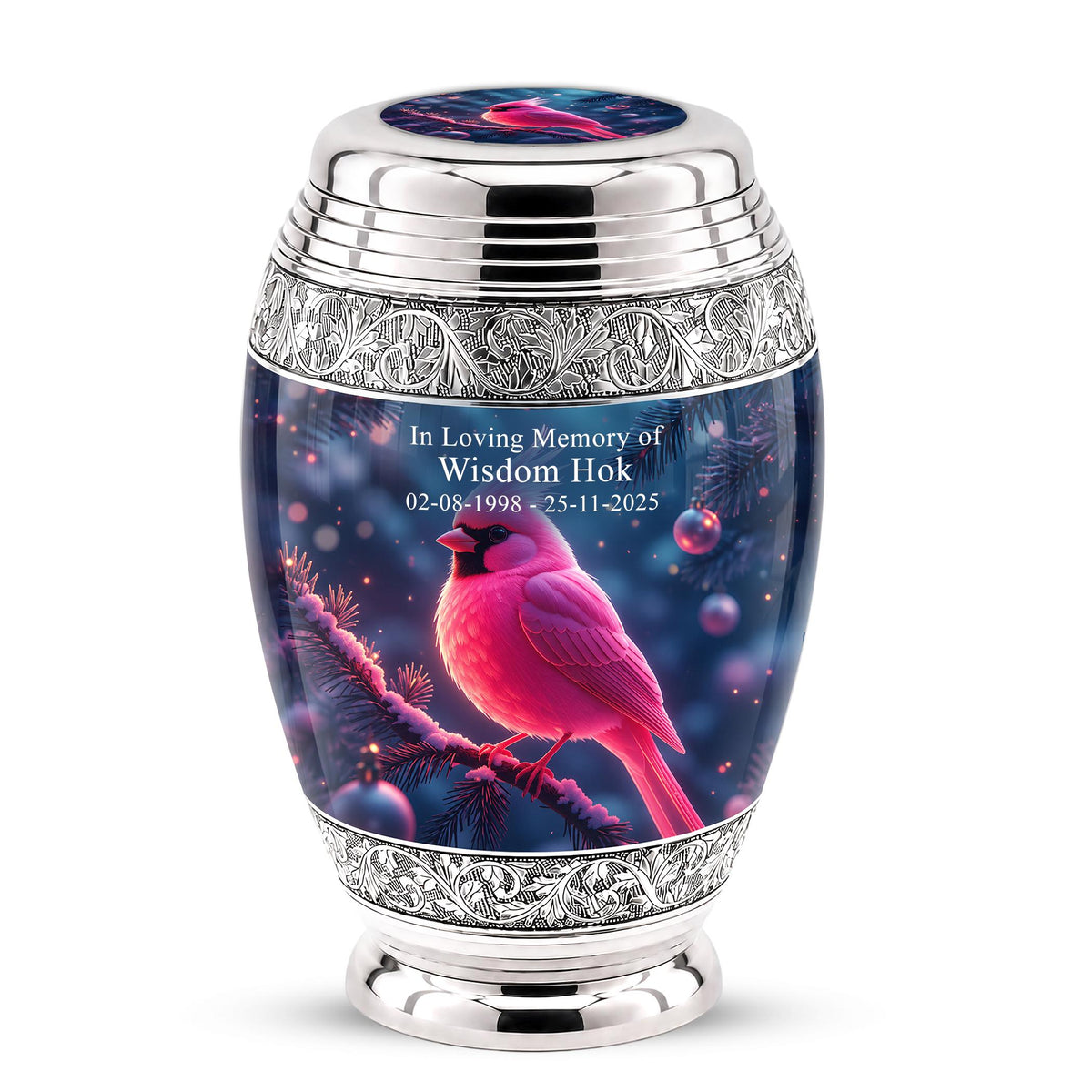 Personalized Pink Cardinal Cremation Urn, Silver-Tone Memorial Ashes Urn (Winter Scene)