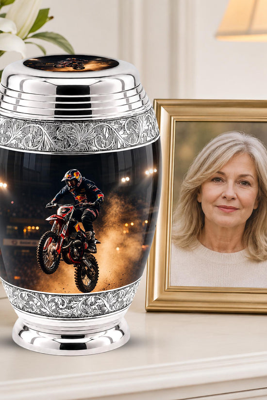 Personalized Motocross Rider Cremation Urn, Glossy Black Finish, Memorial Keepsake