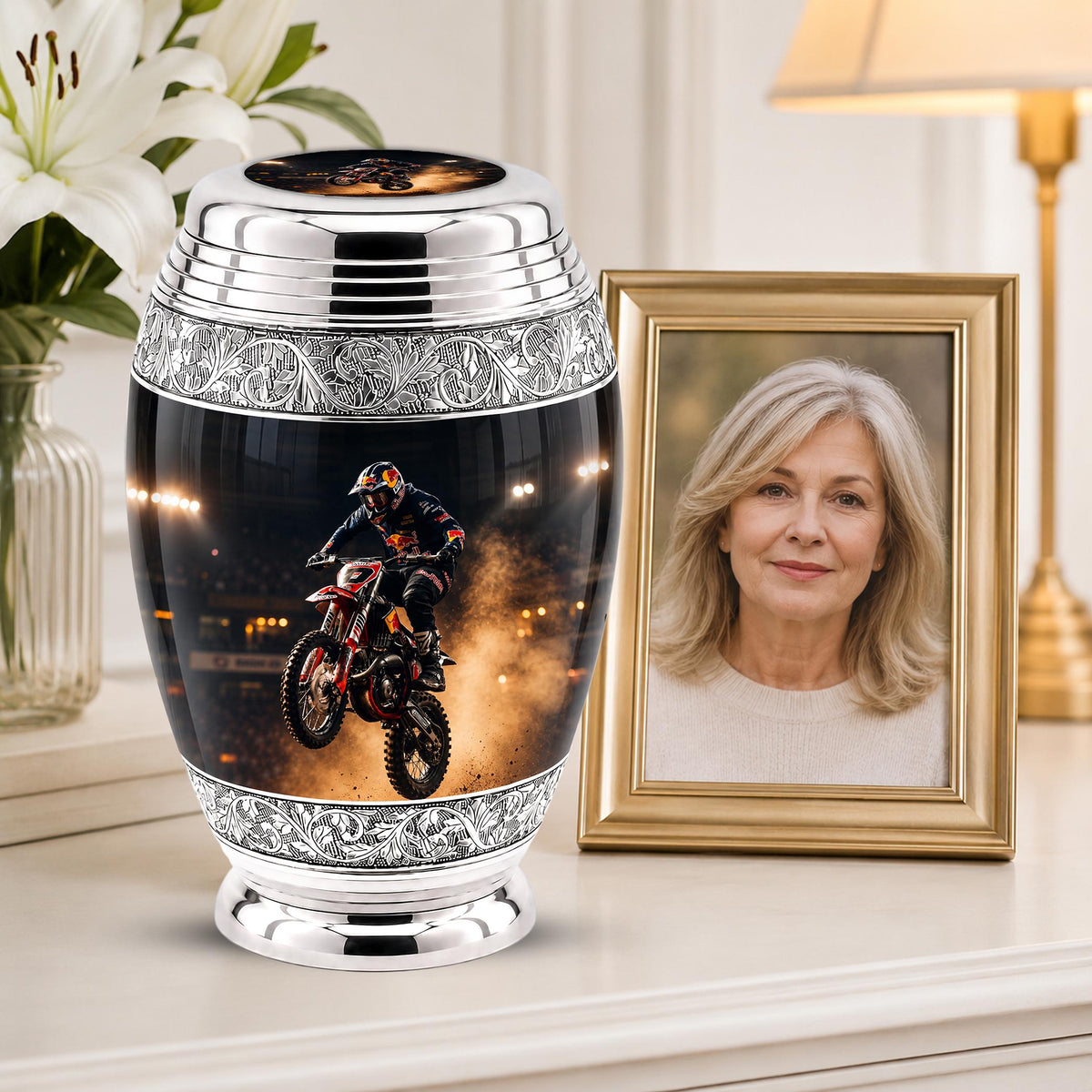 Personalized Motocross Rider Cremation Urn, Glossy Black Finish, Memorial Keepsake