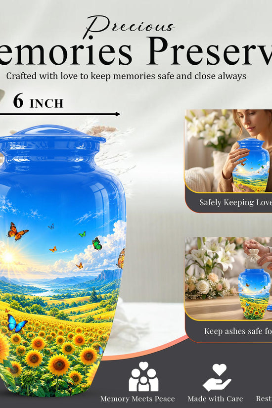 Butterfly and Sunflower Cremation Urn for Ashes - Blue Sky Floral Memorial Urn