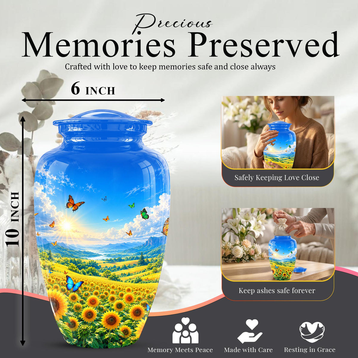 Butterfly and Sunflower Cremation Urn for Ashes - Blue Sky Floral Memorial Urn