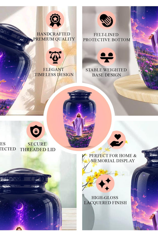 Personalized Jesus Cremation Urn for Ashes, Jesus Christ Purple Floral Memorial Urn, Christian Sunset Tribute, Heavenly Religious Urn (200 Cubic)