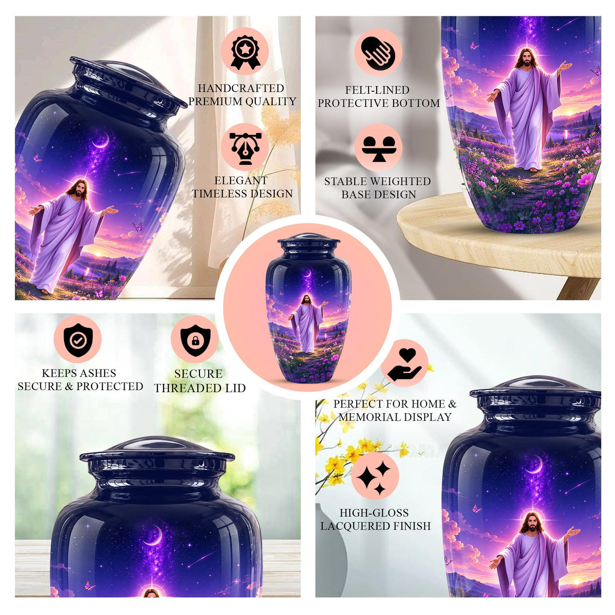 Personalized Jesus Cremation Urn for Ashes, Jesus Christ Purple Floral Memorial Urn, Christian Sunset Tribute, Heavenly Religious Urn (200 Cubic)