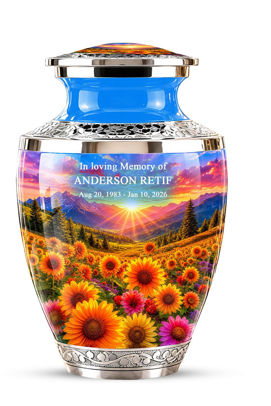 Personalized Cremation Urn, Floral Sunset Mountain Landscape, Memorial Keepsake