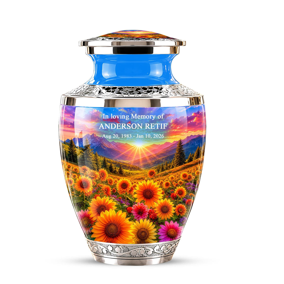 Personalized Cremation Urn, Floral Sunset Mountain Landscape, Memorial Keepsake