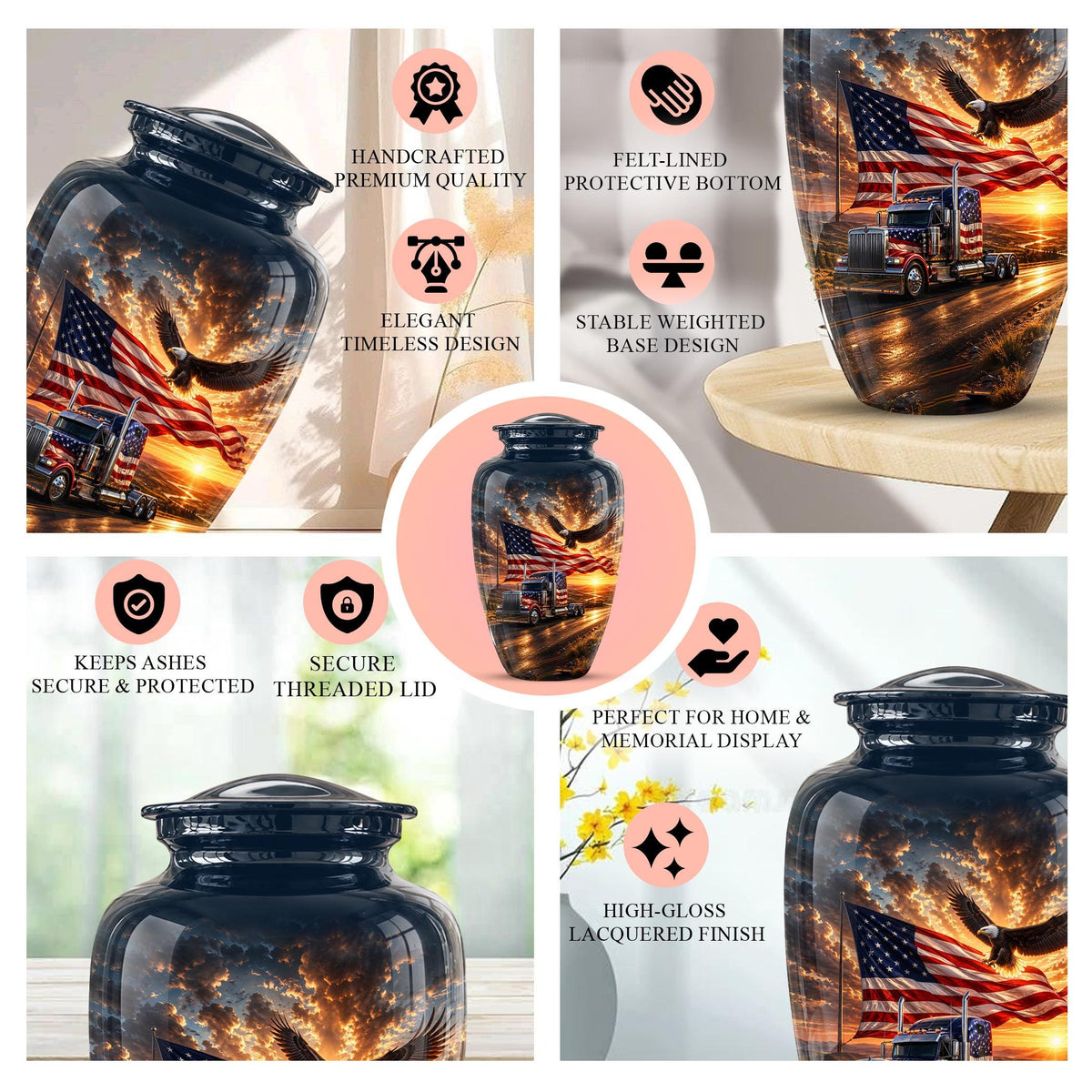 American Flag Truck Cremation Urn for Ashes - Semi Truck and Bald Eagle Memorial Urn