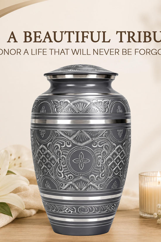 Black and Silver Brass Cremation Urn for Ashes - Ornate Engraved Memorial Urn