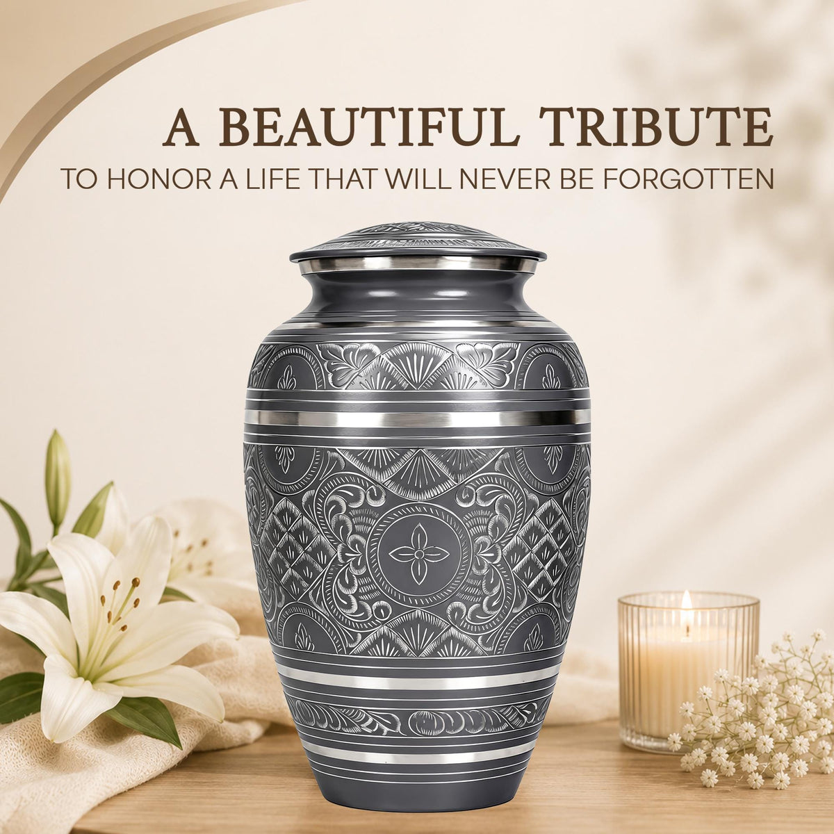 Black and Silver Brass Cremation Urn for Ashes - Ornate Engraved Memorial Urn