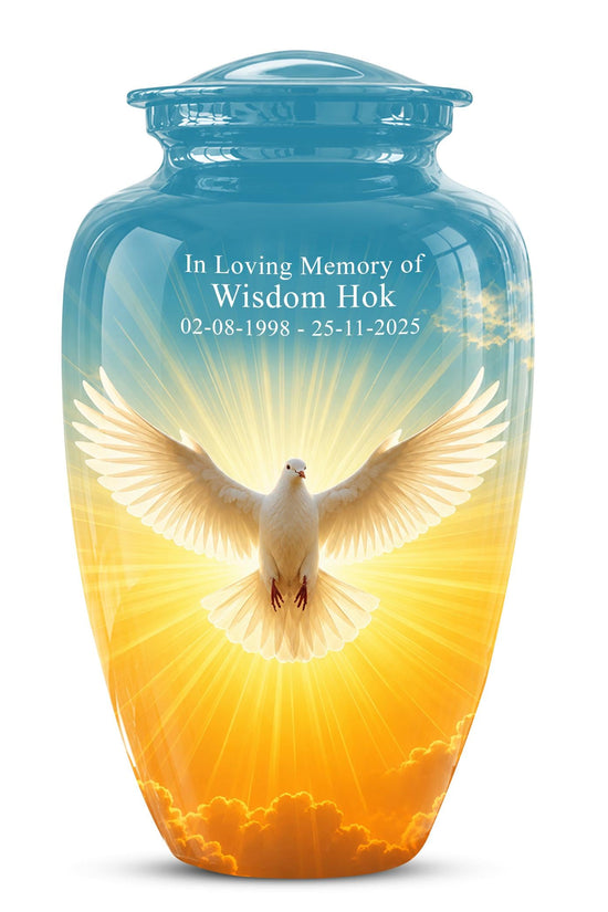 Personalized White Dove Cremation Urn for Ashes - Golden Sunset Dove Memorial Urn, Heavenly Light