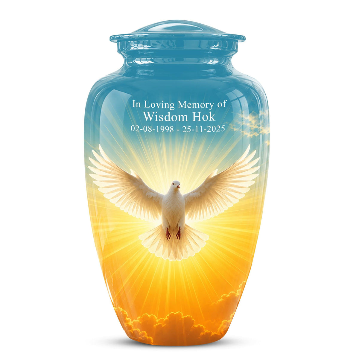 Personalized White Dove Cremation Urn for Ashes - Golden Sunset Dove Memorial Urn, Heavenly Light