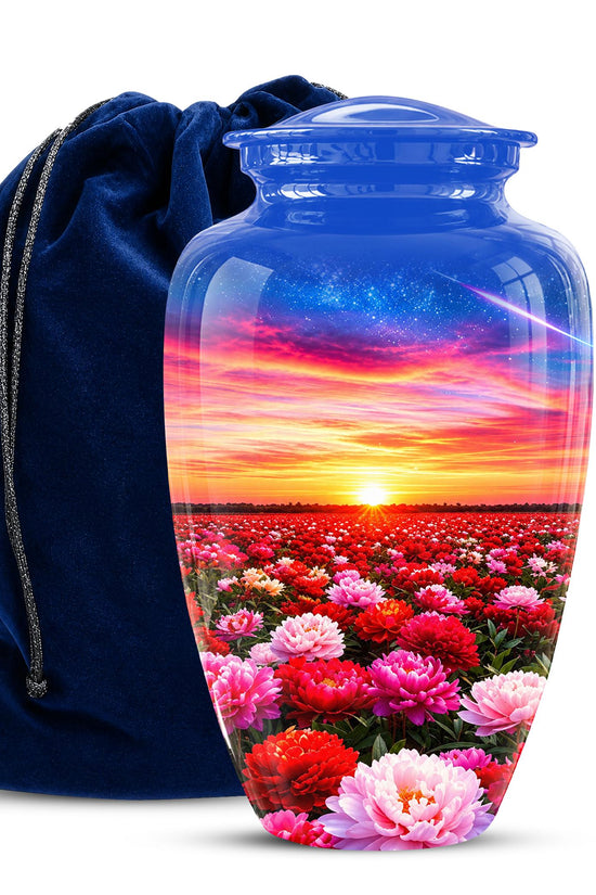 Personalized Floral Sunset Cremation Urn, Metal Memorial Keepsake