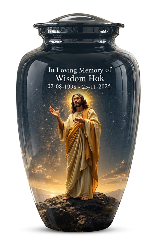 Christian Jesus Cremation Urn, Adult Memorial Keepsake, Glossy Black Finish