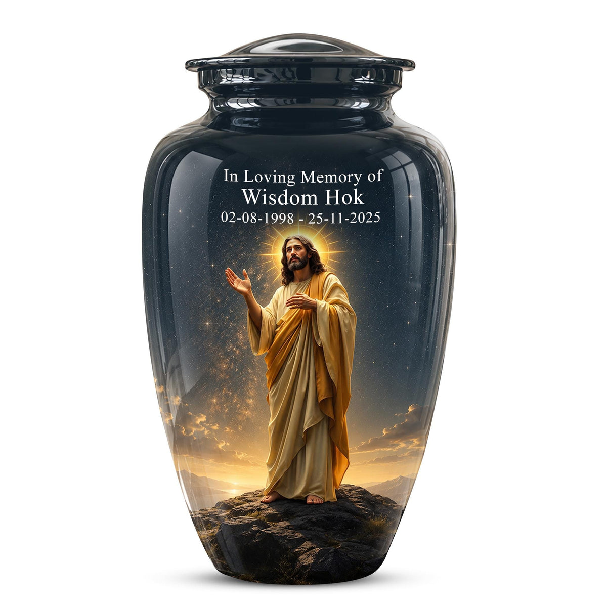 Christian Jesus Cremation Urn, Adult Memorial Keepsake, Glossy Black Finish