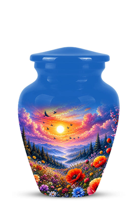 Personalized Wildflower Mountain Sunset Cremation Urn, Nature Memorial Keepsake (200 Cubic)