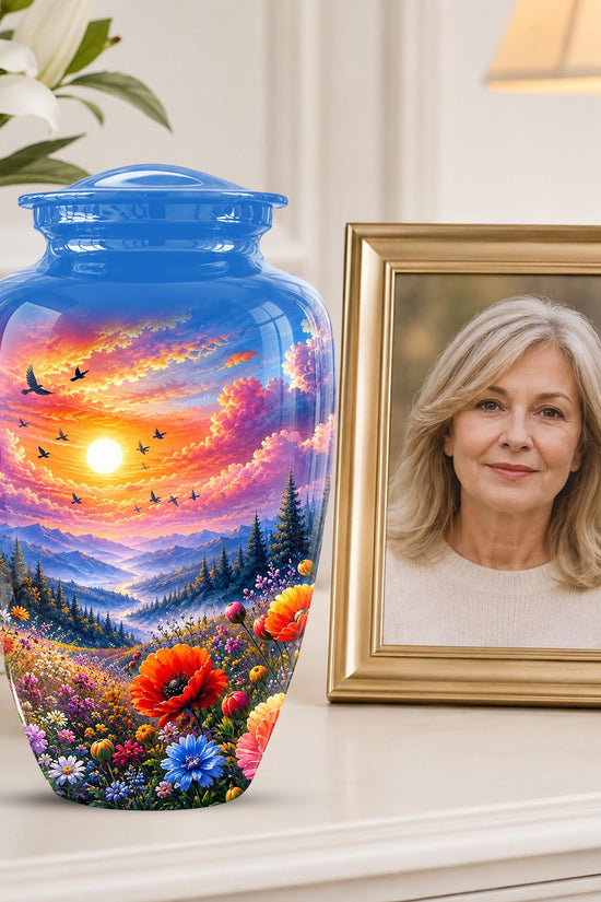 Personalized Wildflower Mountain Sunset Cremation Urn, Nature Memorial Keepsake (200 Cubic)