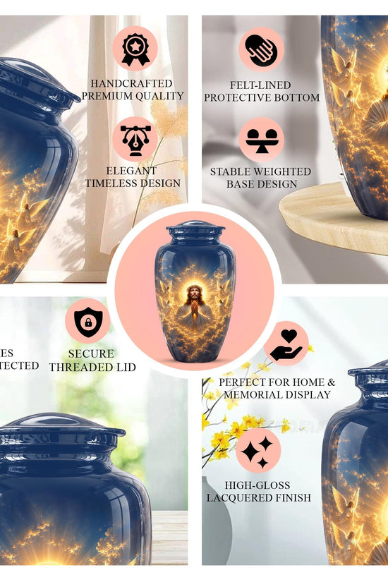 Personalized Jesus Cremation Urn for Ashes, Jesus Christ Prayer Memorial Urn, Golden Halo Christian Tribute, Heavenly Religious Urn (200 Cubic)