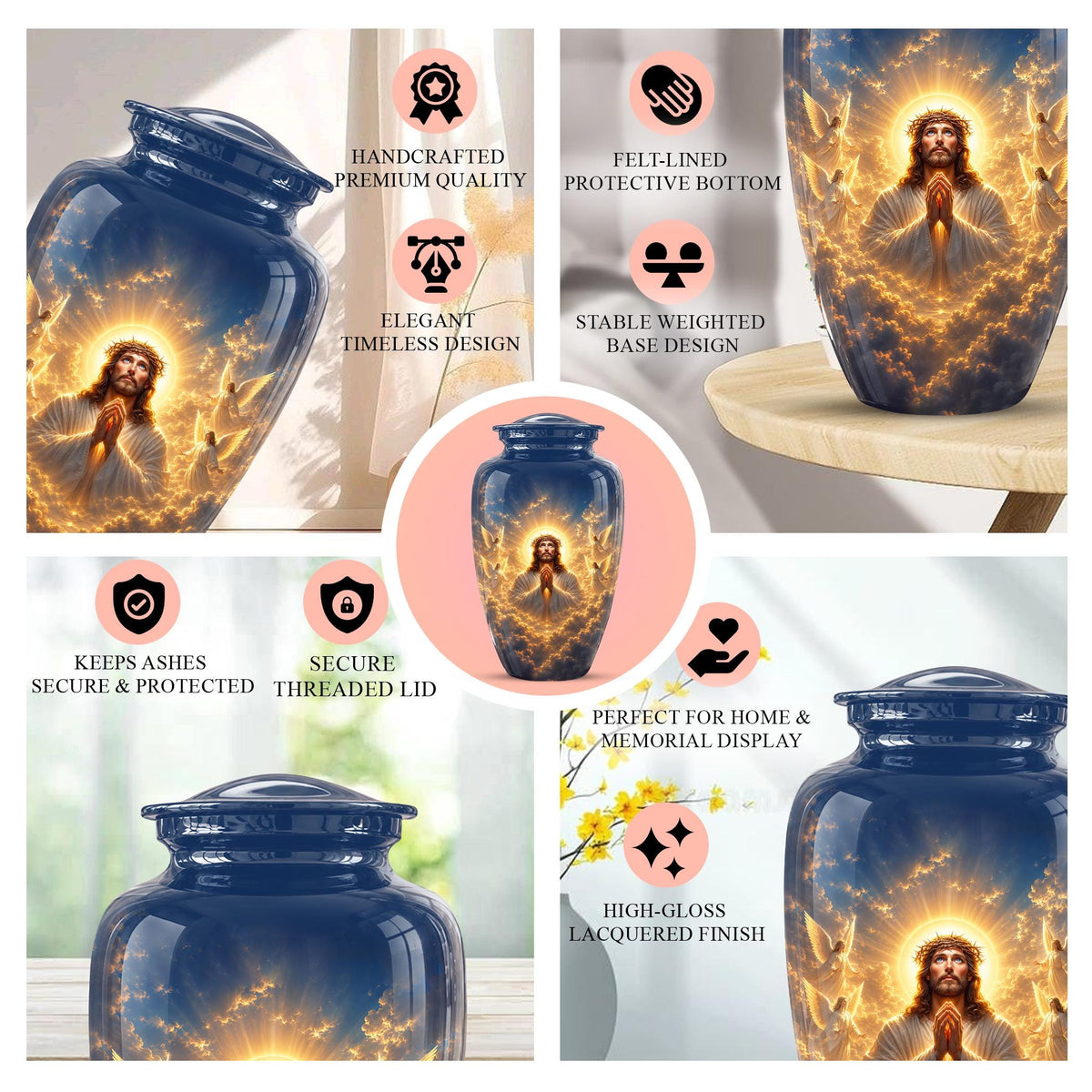 Personalized Jesus Cremation Urn for Ashes, Jesus Christ Prayer Memorial Urn, Golden Halo Christian Tribute, Heavenly Religious Urn (200 Cubic)