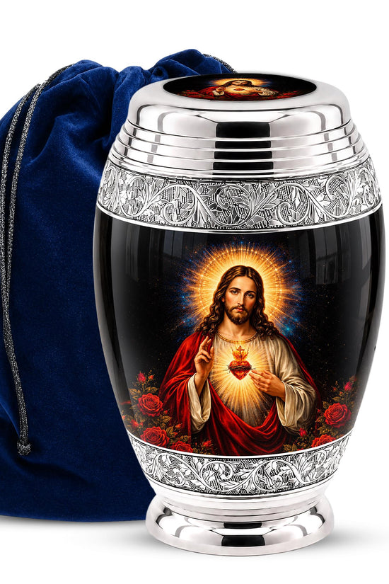 Personalized Sacred Heart of Jesus Cremation Urn - Catholic Memorial Keepsake (Black Finish)