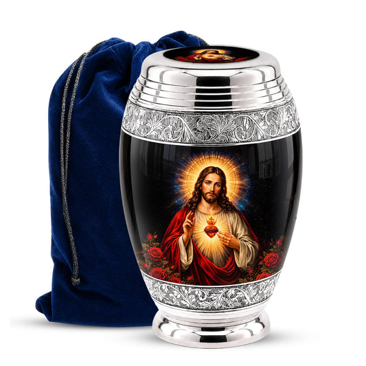 Personalized Sacred Heart of Jesus Cremation Urn - Catholic Memorial Keepsake (Black Finish)