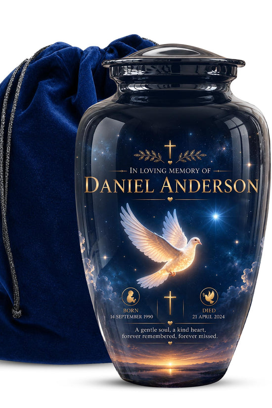 Personalized White Dove Cremation Urn - Christian Memorial Ashes Container (Custom Name & Dates)