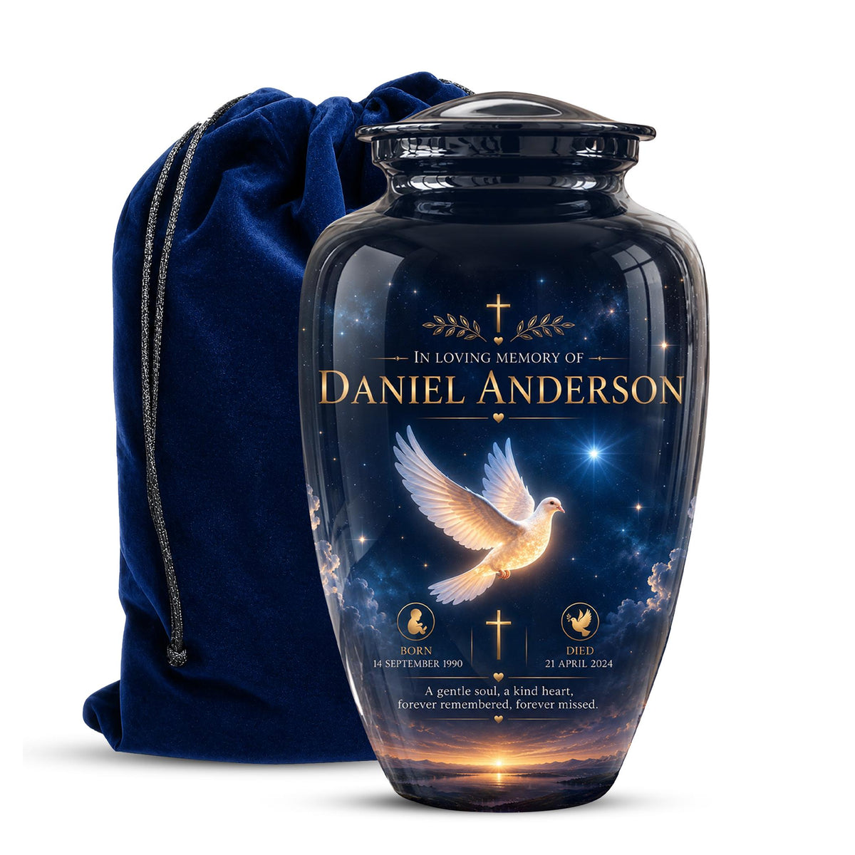 Personalized White Dove Cremation Urn - Christian Memorial Ashes Container (Custom Name & Dates)
