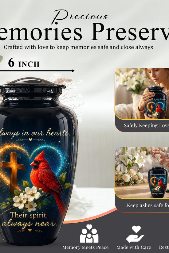 Cardinal Memorial Urn, Christian Cross, Adult Cremation Ashes, Glossy Metal Urn