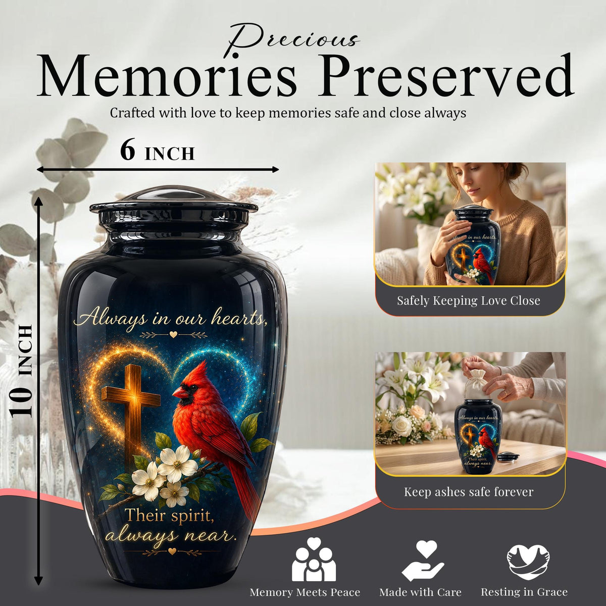 Cardinal Memorial Urn, Christian Cross, Adult Cremation Ashes, Glossy Metal Urn