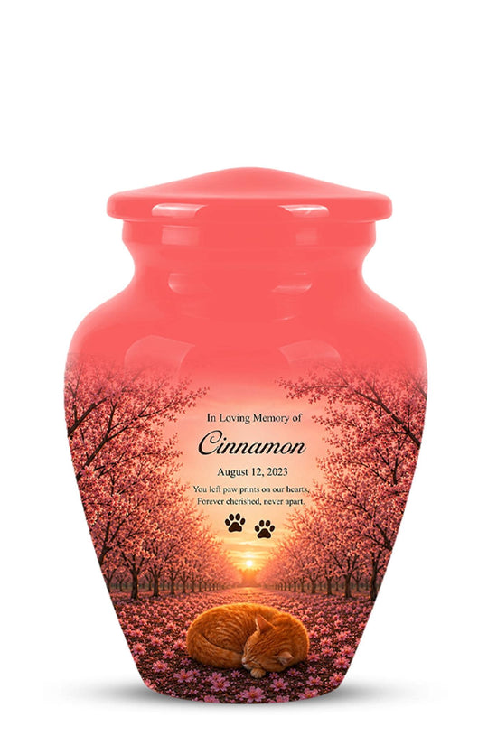 Personalized Pink Cat Memorial Urn, Sleeping Cat Keepsake, Pet Ashes (Custom Name)
