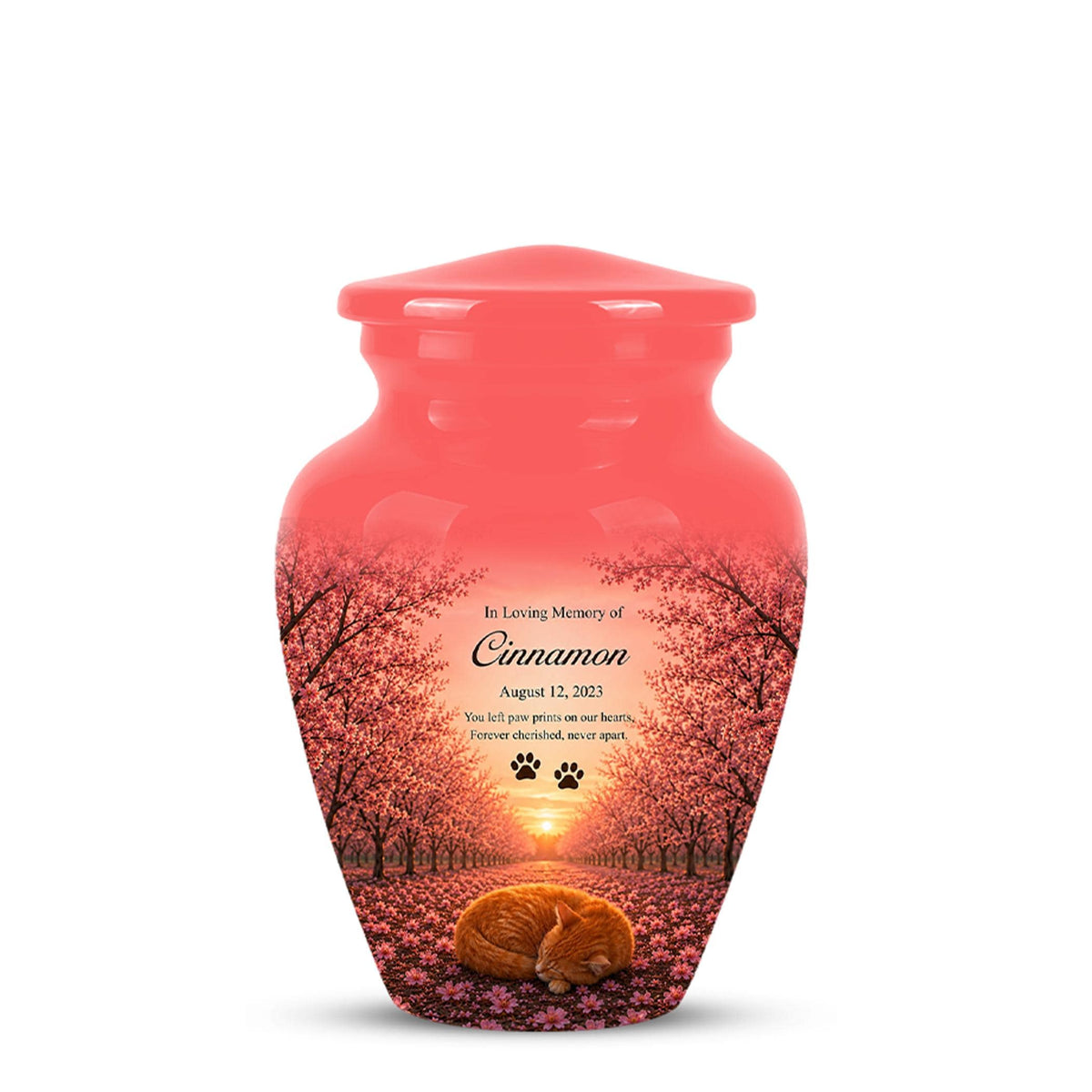 Personalized Pink Cat Memorial Urn, Sleeping Cat Keepsake, Pet Ashes (Custom Name)