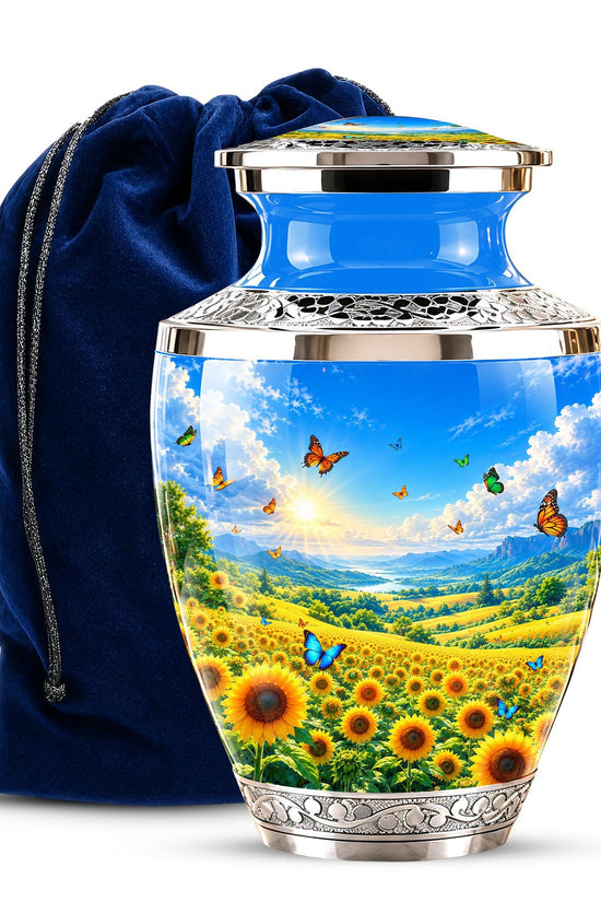 Sunflower Cremation Urn for Ashes - Silver Butterfly Memorial Urn
