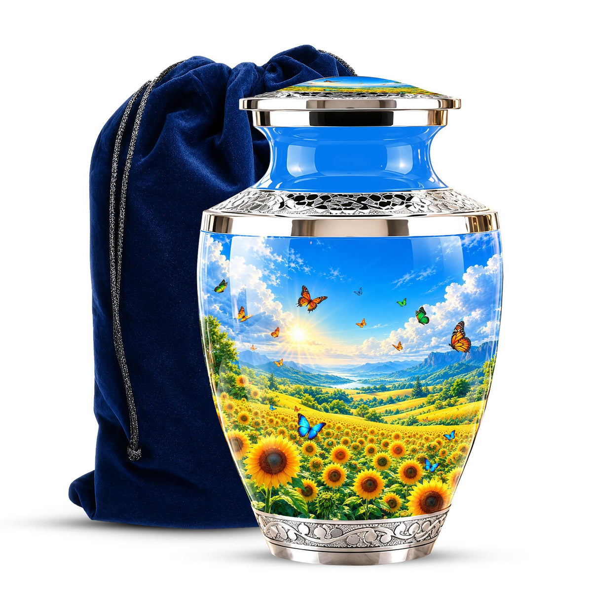 Sunflower Cremation Urn for Ashes - Silver Butterfly Memorial Urn