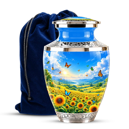 Sunflower Cremation Urn for Ashes - Silver Butterfly Memorial Urn