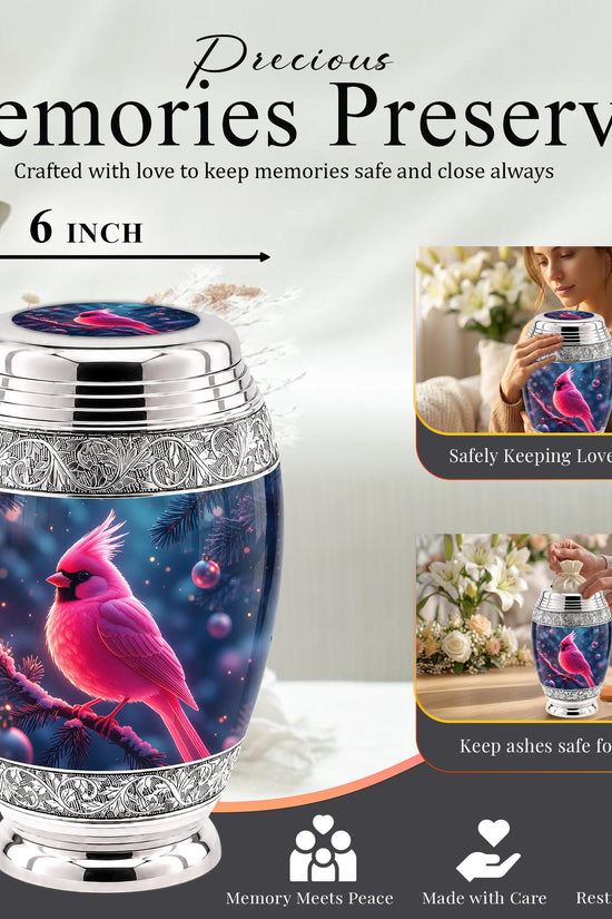 Personalized Pink Cardinal Cremation Urn, Silver-Tone Memorial Ashes Urn (Winter Scene)