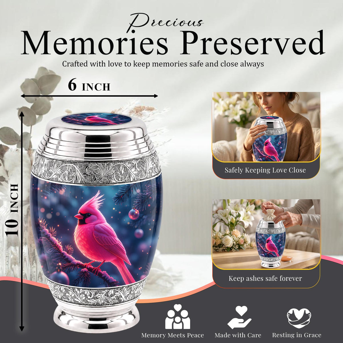 Personalized Pink Cardinal Cremation Urn, Silver-Tone Memorial Ashes Urn (Winter Scene)