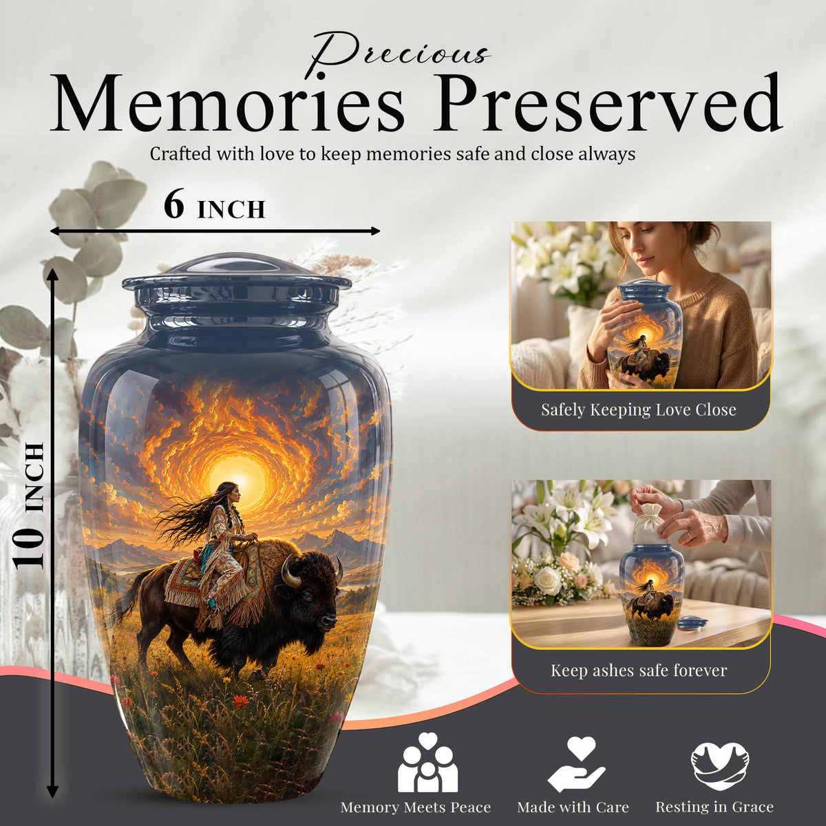 Personalized Native American Cremation Urn for Ashes - Buffalo Bison Memorial Urn