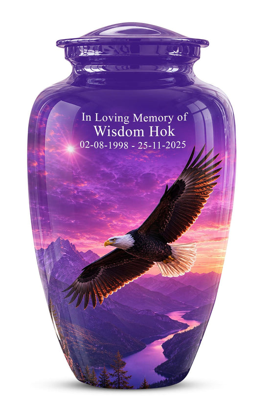 Bald Eagle Cremation Urn for Ashes - Purple Sunset Mountain Memorial Urn