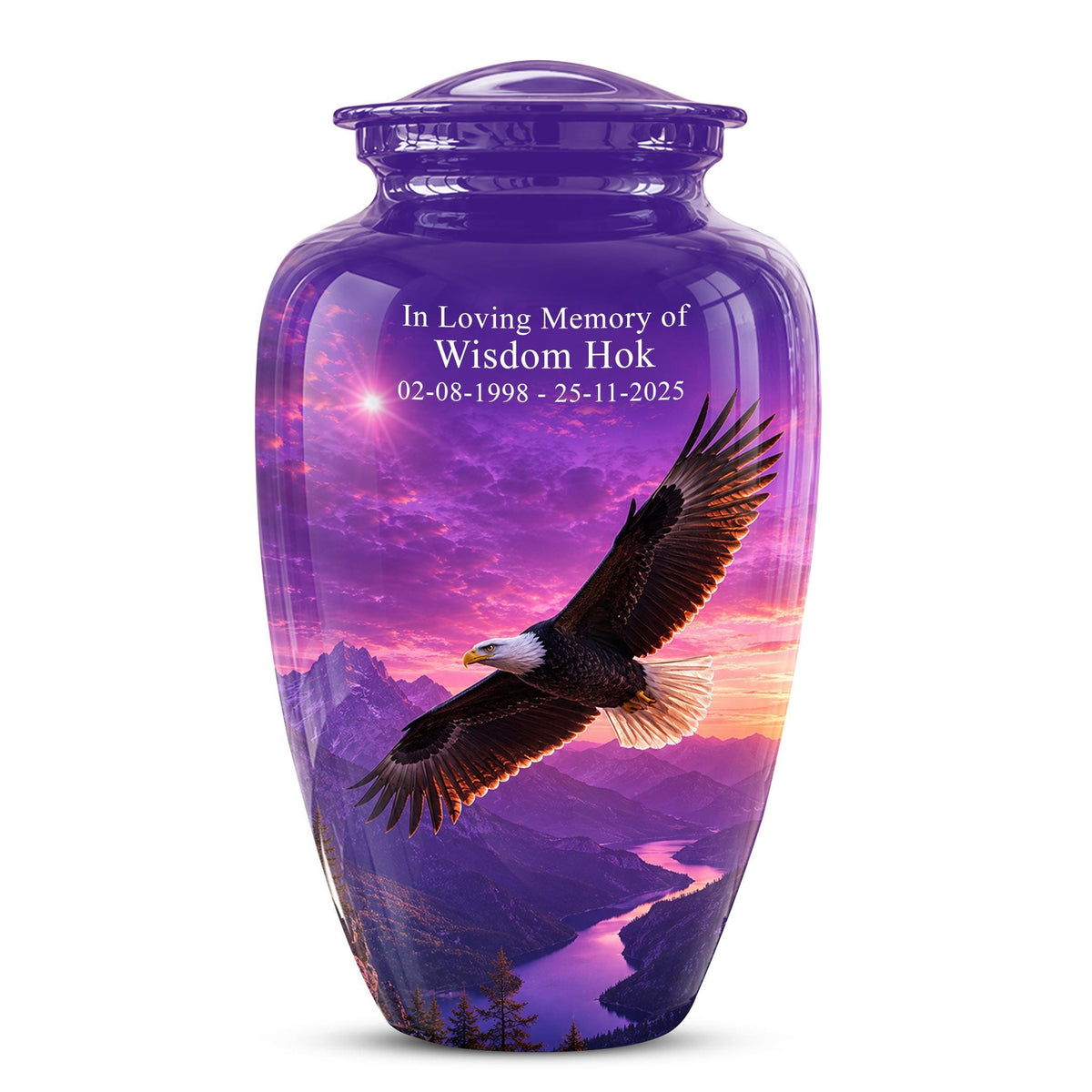Bald Eagle Cremation Urn for Ashes - Purple Sunset Mountain Memorial Urn