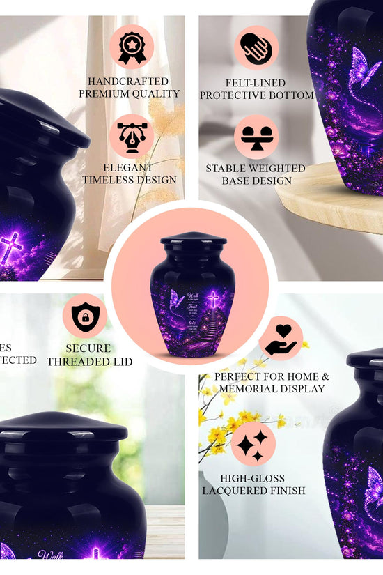 Purple Butterfly Cremation Urn for Ashes - Christian Memorial Urn with Glowing Cross