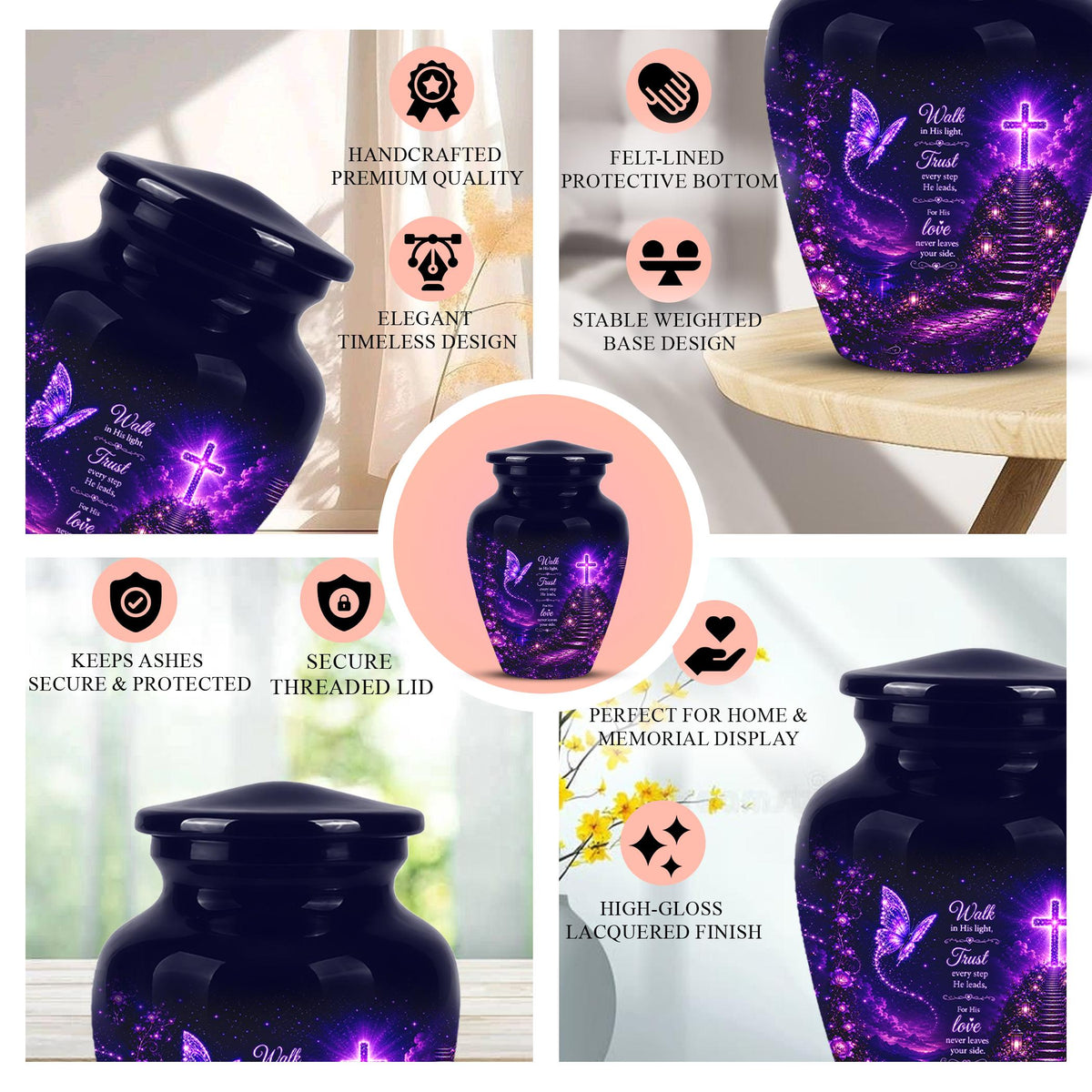 Purple Butterfly Cremation Urn for Ashes - Christian Memorial Urn with Glowing Cross