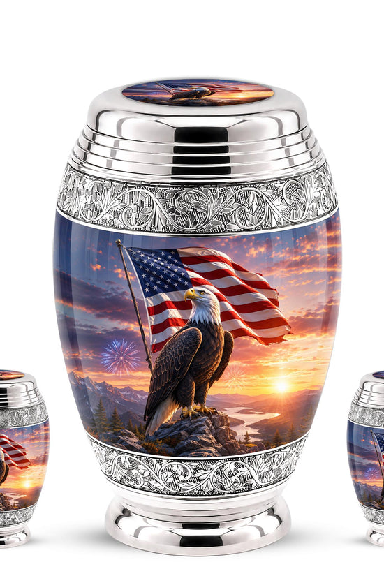 American Flag Eagle Cremation Urn for Ashes - Silver Patriotic Bald Eagle Memorial Urn