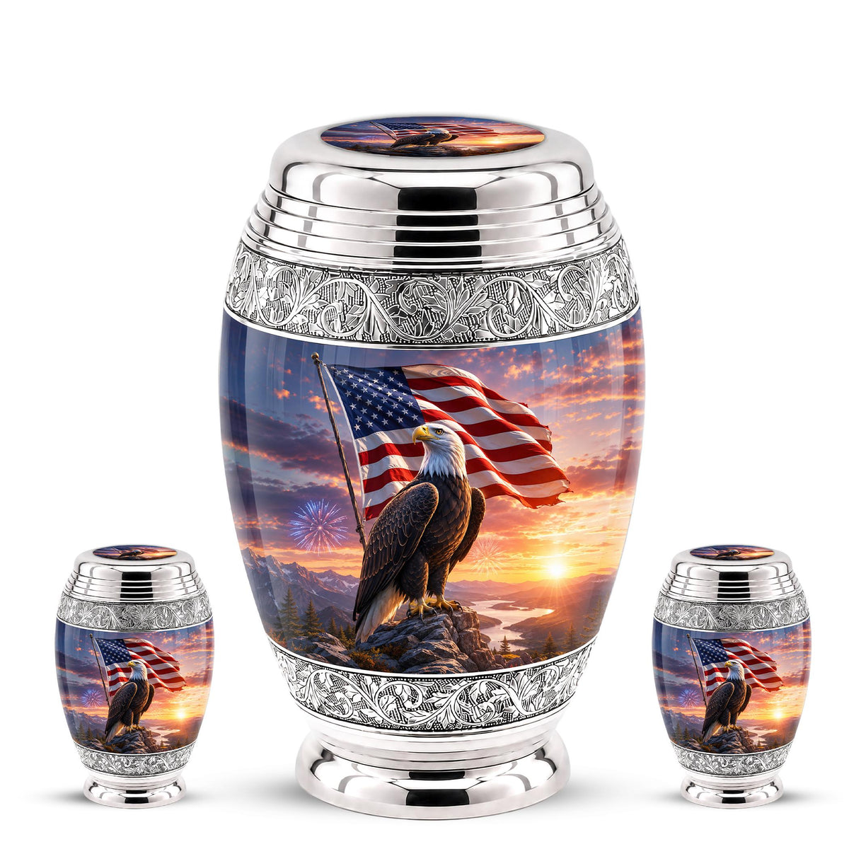American Flag Eagle Cremation Urn for Ashes - Silver Patriotic Bald Eagle Memorial Urn