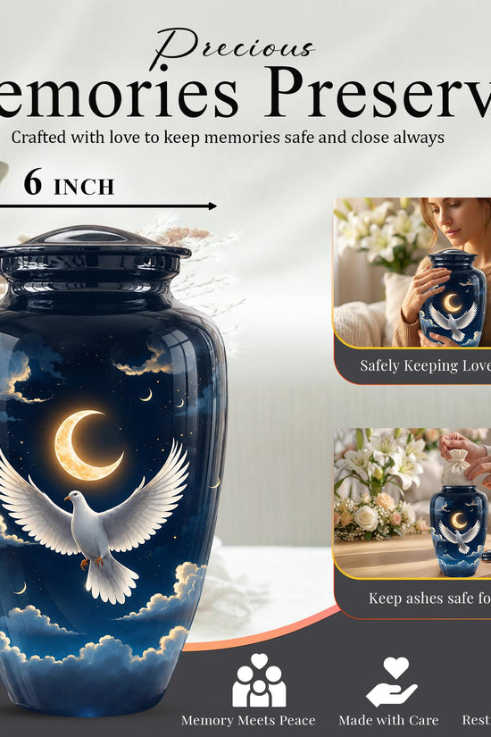 Personalized White Dove Cremation Urn for Ashes - Crescent Moon Memorial Urn, Heavenly Dove