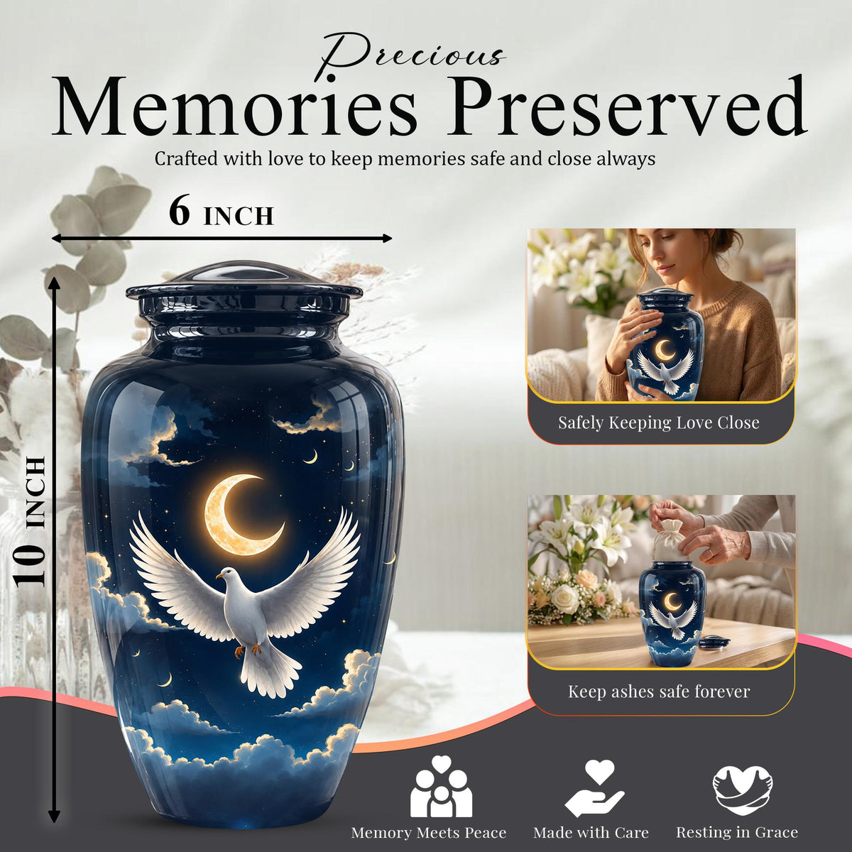 Personalized White Dove Cremation Urn for Ashes - Crescent Moon Memorial Urn, Heavenly Dove