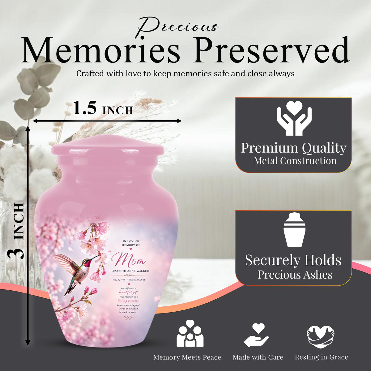Personalized Hummingbird Memorial Urn for Mom - Keepsake Cremation Ashes Tribute