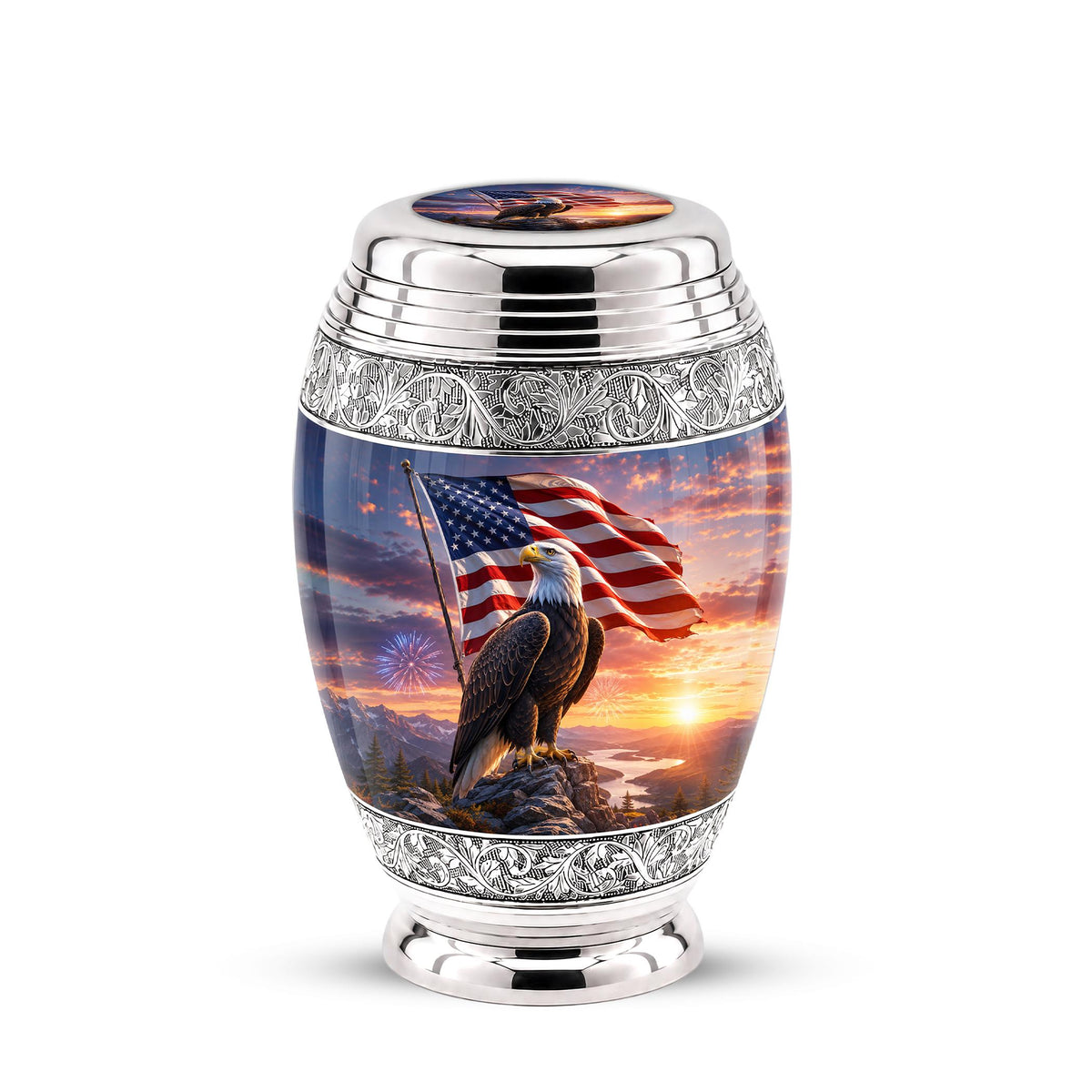American Flag Eagle Cremation Urn for Ashes - Silver Patriotic Bald Eagle Memorial Urn