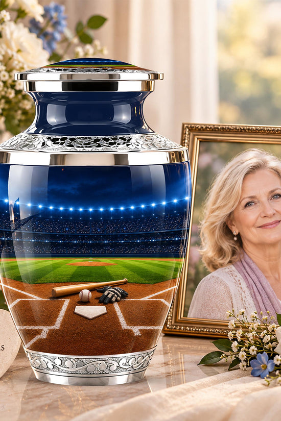Baseball Cremation Urn for Ashes - Silver Baseball Stadium Memorial Urn