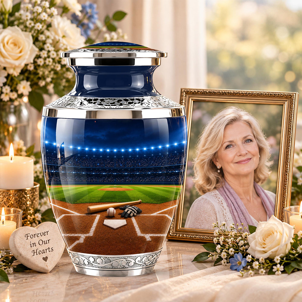 Baseball Cremation Urn for Ashes - Silver Baseball Stadium Memorial Urn